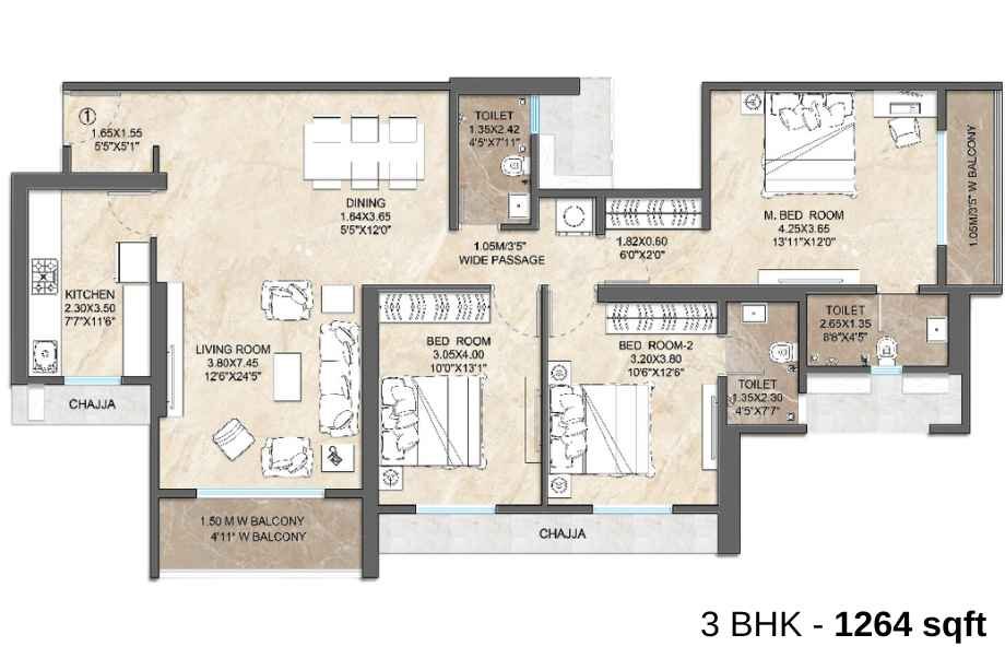 Dosti-Willow-Floor-Plan-3-BHK-1264-sqft