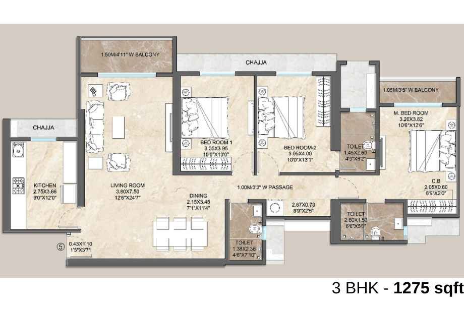 Dosti-Willow-Floor-Plan-3-BHK-1275-sqft