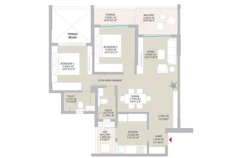 SpringShire-Breez-Superior-Floor-Plan-2-BHK-827-Sqft