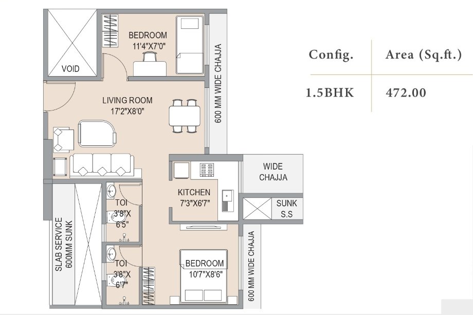 Southfield-Gravity-Floor-Plan-1.5-BHK-472-Sqft