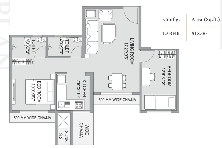 Southfield-Gravity-Floor-Plan-1.5-BHK-518-Sqft