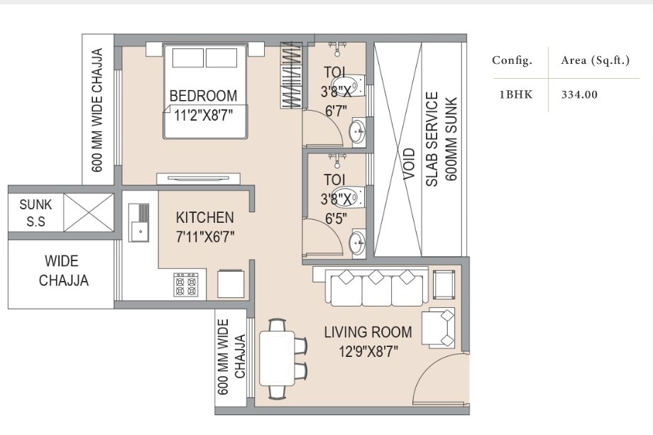 Southfield-Gravity-Floor-Plan-1-BHK-334-Sqft