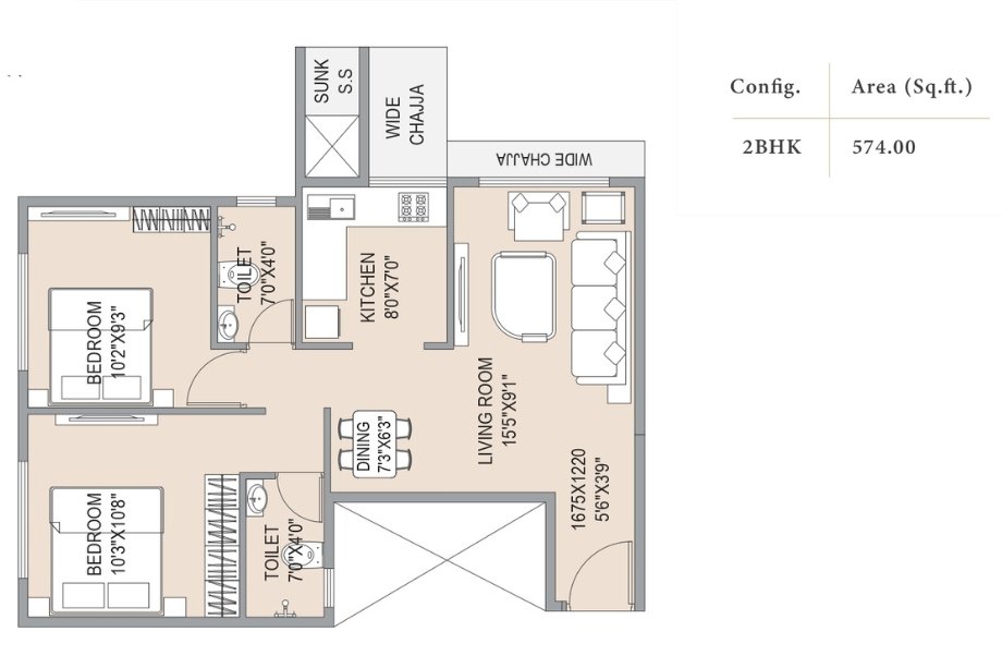 Southfield-Gravity-Floor-Plan-2-BHK-574-Sqft
