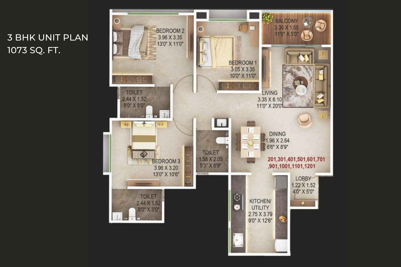 Majestique-Aravali-Floor-Plan-3-BHK-1073-Sqft