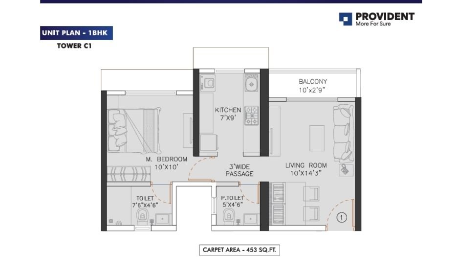 Puravankara-Provident-palm-Vista-Floor-Plan-1BHK-453 Sqft