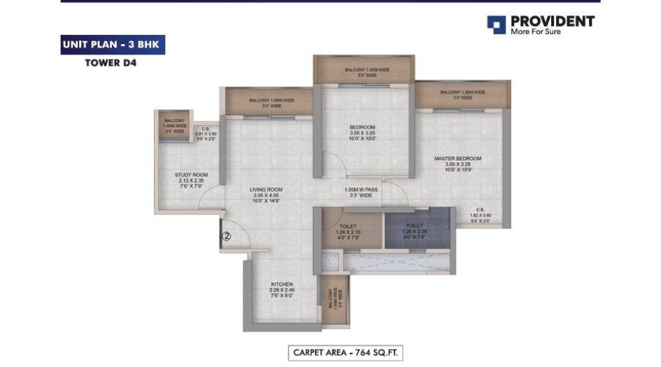 Puravankara-Provident-palm-Vista-Floor-Plan-3 BHK-764 Sqft