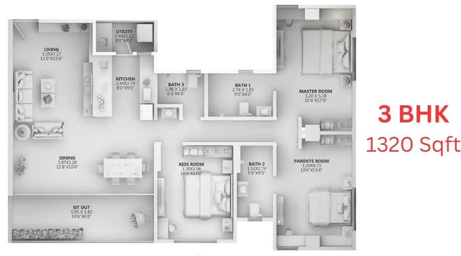 Ganga-Arcadia-Floor-Plan-3 BHK-1320 Sqft
