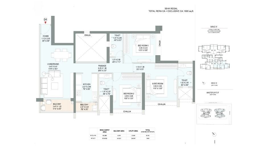 Godrej-Eternal-Palm-Floor-Plan-3 BHK-1000 Sqft