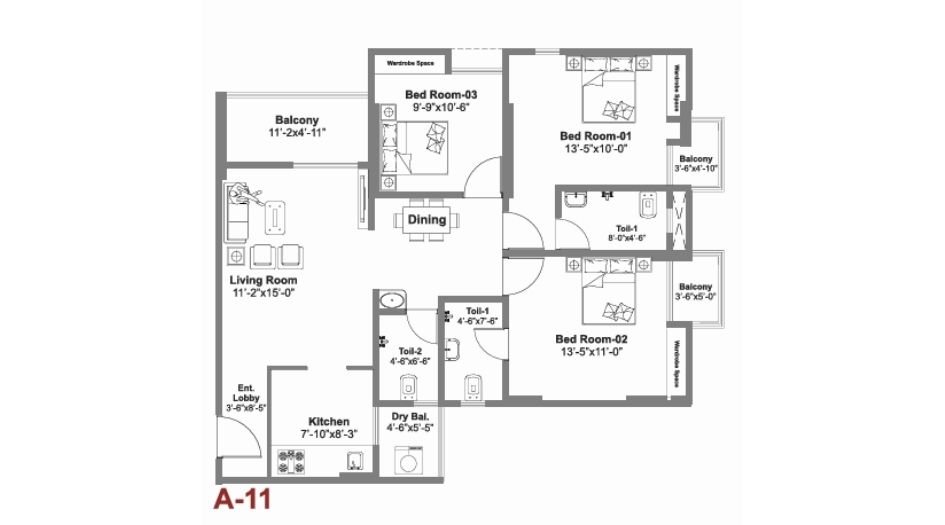 KP-Archana-paradise-phase-3-3BHK-1000sqft-Unitplan