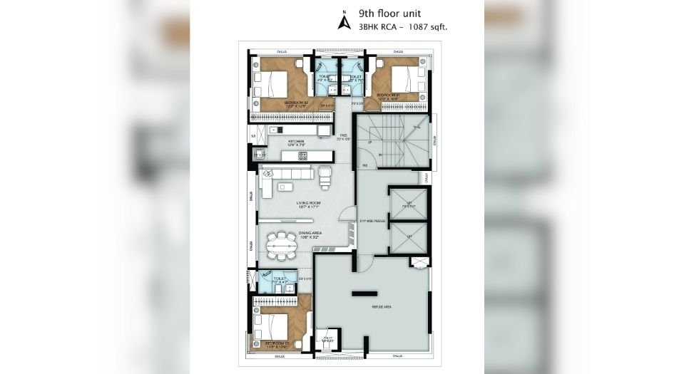 Bluestone-Tulsi-Heritage-Floor-Plan-3 BHK- 1087 Sqft