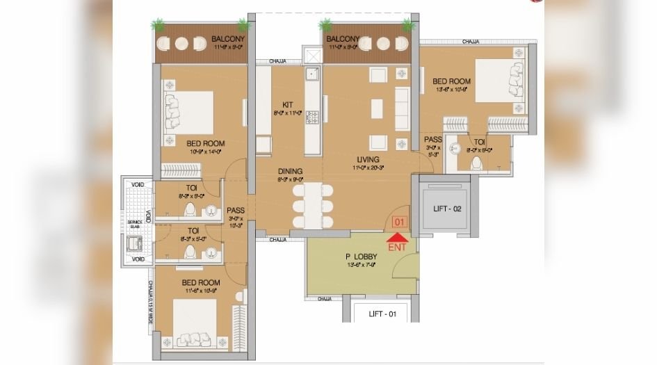 Ruparel-Stardom-3 BHK-1259sqft-Unit-plan
