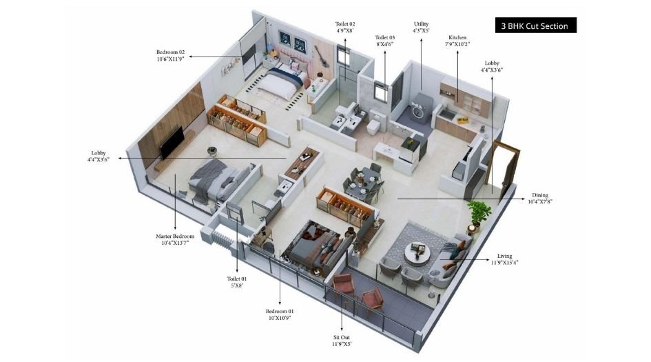 Manav-la-moda-3BHK- 3D-floor-plan