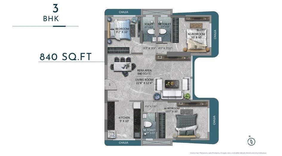 Goyal-Atlantis-Floor-Plan-3 BHK-840 Sqft