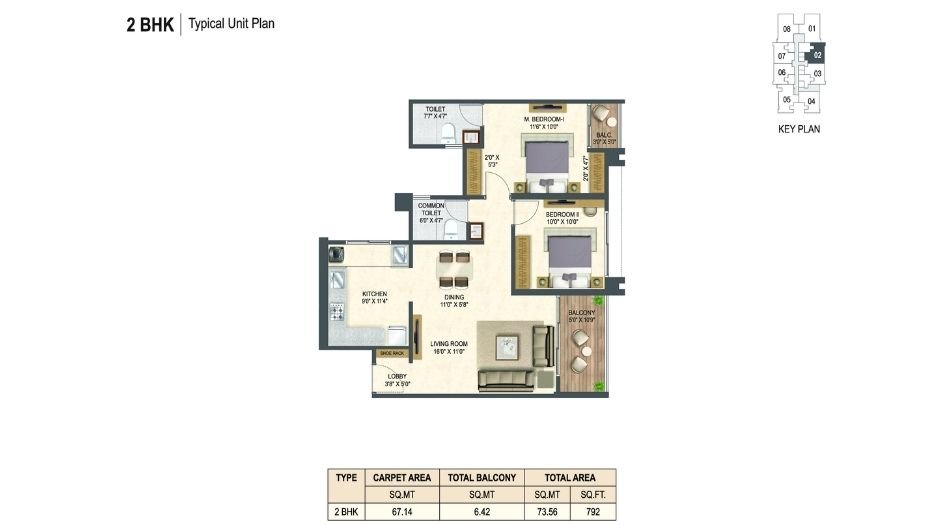 Miracle-Imperio-Towers-Floor-Plan-2 BHK-792 Sqft