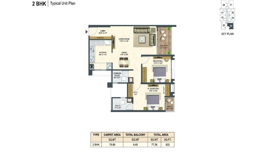 Miracle-Imperio-Towers-Floor-Plan-2 BHK-833 Sqft