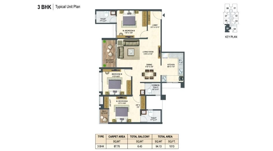 Miracle-Imperio-Towers-Floor-Plan-3 BHK- 1013 Sqft