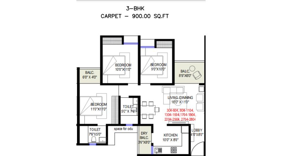 Kamdhenu-The-Astria-Floor-Plan-3 BHK- 900 Sqft